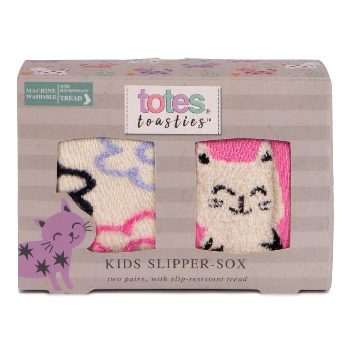 totes toasties® Kids Original Slipper-Sox (Twin Pack) Cat With Flower Extra Image 3